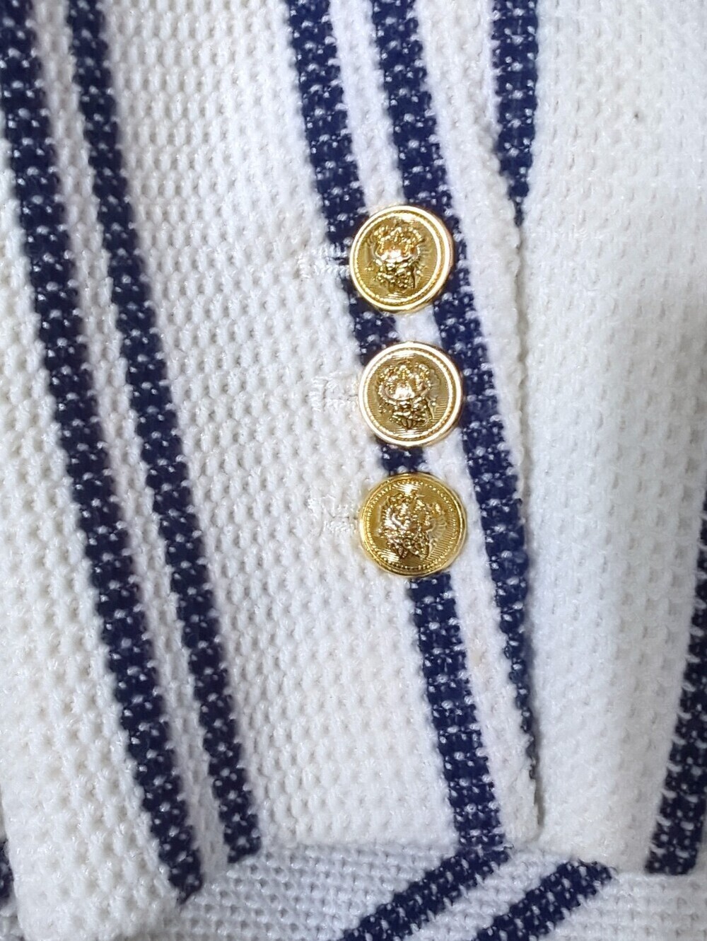 Zara Textured Knit Striped Blazer XS Ivory Navy Gold Button Nautical Preppy - Picture 6 of 12